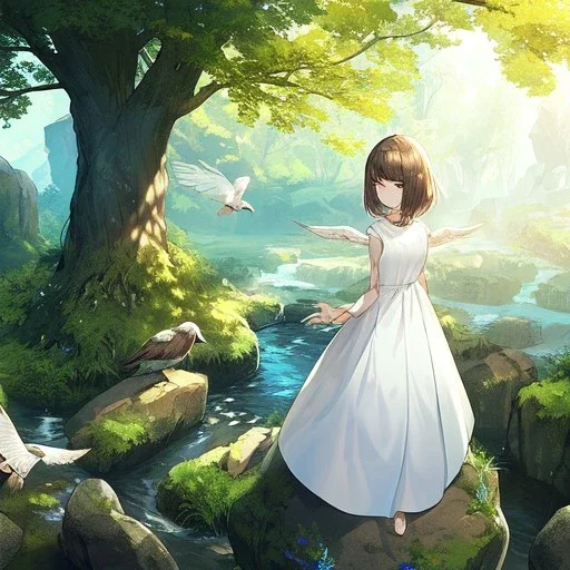 anime girl meditating, rock trees, birds, creek, meditation pose, girl wearing white dress, rear facing