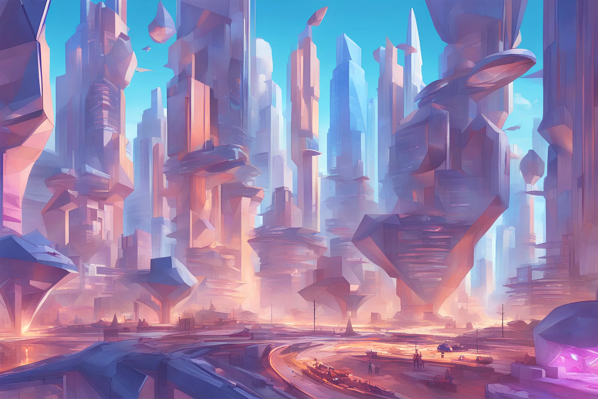 Ethereum Superweapons in an imaginative landscape of a futuristic metropolis in an ethereum gas war with towering skyscrapers, advanced transportation systems, and vibrant public spaces, in the style of cubism, geometric shapes, bold colors, and multiple perspectives, influenced by the works of Pablo Picasso and Georges Braque, envisioning the possibilities of urban life in the future.