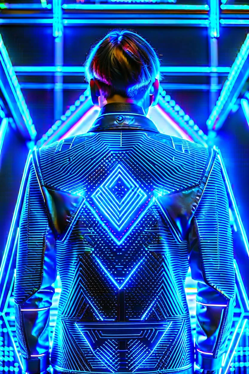 cyberpunk, neon blue, triangle of light behind the back, cyber suit, geometric patterns on a suit, male