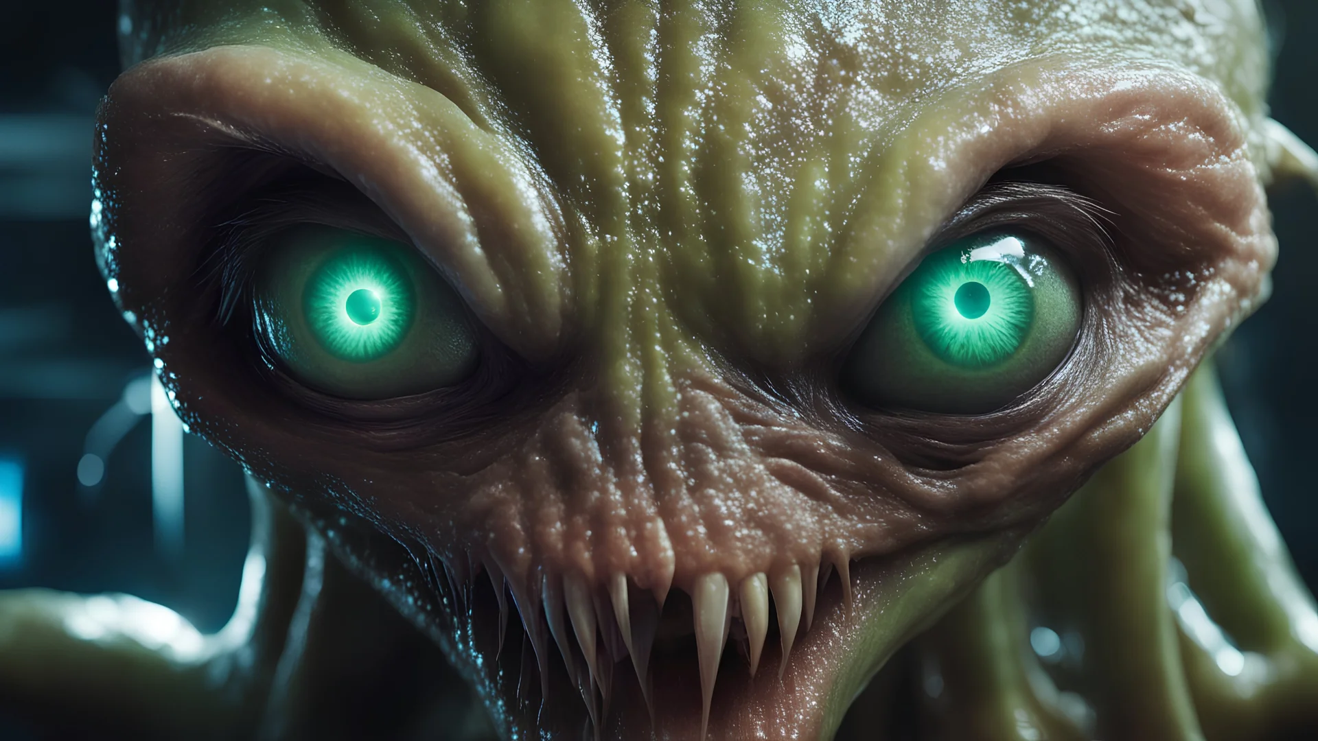 close up of a slimy vicious alien with an electronic eye in the middle of its face, part electronic, part machine