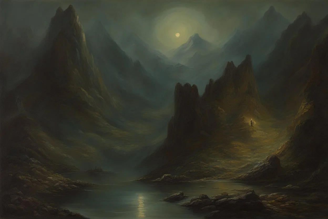 mistery night, mountains, rocks, river, epic, gothic and dark influence, friedrich eckenfelder, jenny montigny, and anna boch impressionism paintings