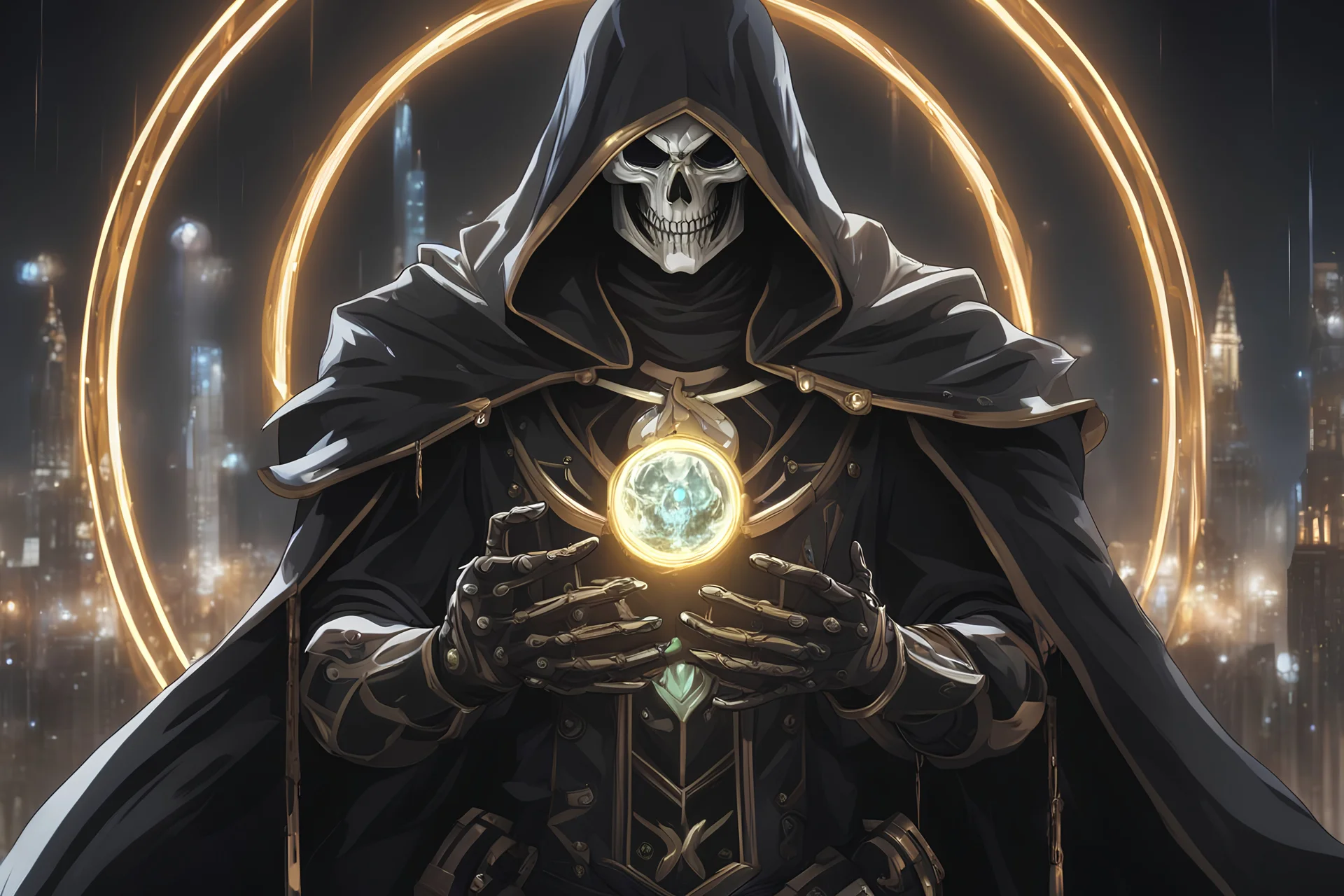 Ainz with circle magic from both hands in 8k nier automata drawing style, overlord them, cinematic mood, magic circle, neon reflect, close picture, rain, highly detailed, high details, detailed portrait, masterpiece,ultra detailed, ultra quality