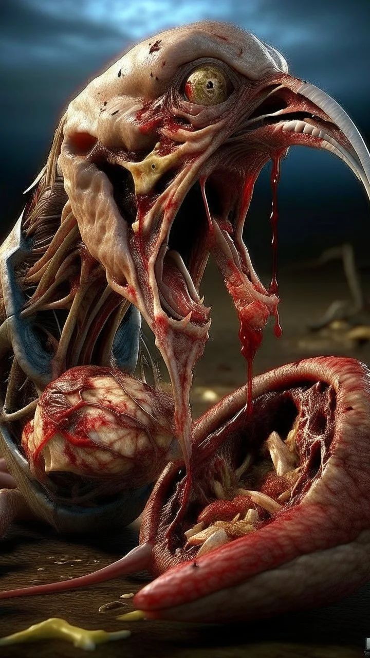 cinematic gore Bosch versus Dali style photorealistic fleshy photo of a skinned flayed ostrich that's wearing carnivore dentures with giant carnivore teeth. mangled, 1 soul vortex, complementary, anatomically fragmented, ripped apart, skinned alive. A beating heart, muscles, blood vessels, bowels, entrails are exposed. Visceral anatomy. physiology. Bosch and Dali inspired hallucinations. mythology. grotesque.