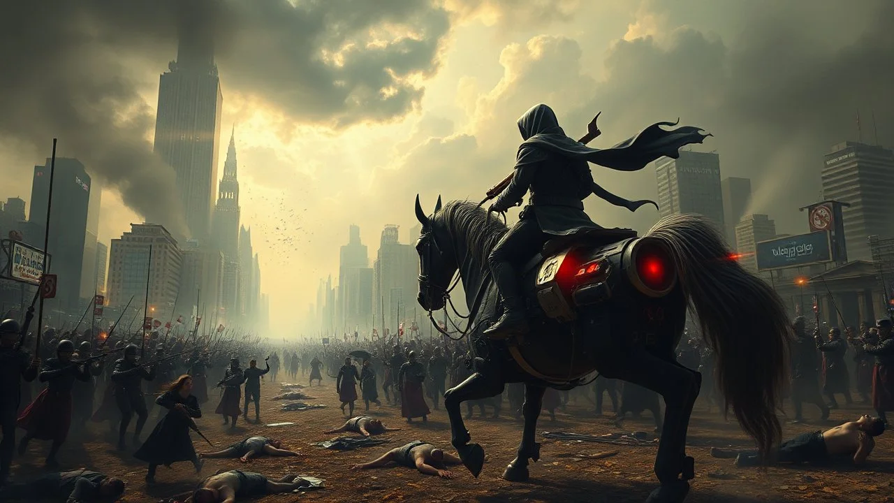 cyberpunk interpretation of Bruegel's "The Triumph of Death", capturing the symbolic "harvest" of humanity. this is terror. A dystopian metropolis under smog sky, where cybernetic soliders reapers are executing physical harvest and many of humans citizens killed army of cyberwarrior androids and robotic, many panicking running people, many bodies lying on the ground. a cyber-death warrior in black hood with futuristic gun on a robotic horse, thriller, detailed, cinematic