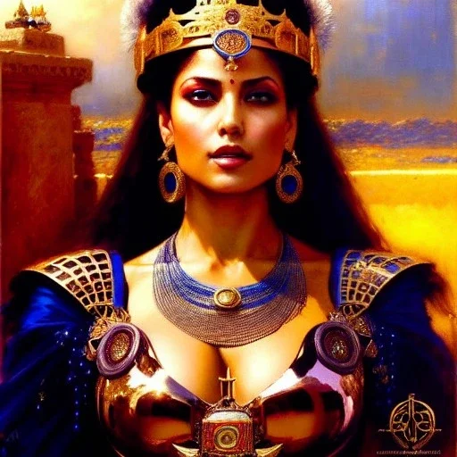 portrait beautiful face queen of Sheba ,busty,medieval metal armor balanciaga fashion clothe painting by gaston bussiere, greg rutkowski, yoji shinkawa, yoshitaka amano, tsutomu nihei, donato giancola, tim hildebrandt, oil on canvas, cinematic composition, extreme detail,fit full head inside picture