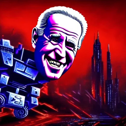 CRAZY Joe Biden caricature, cyberpunk, landscape, transformers, hi-tech robots, GUITARS, cinematic, highly detailed, close up, 4k, deep colors, gold, fire, red, purple, dark, ethereal, utopia, apocalypse, flying Cadillac, from outer space