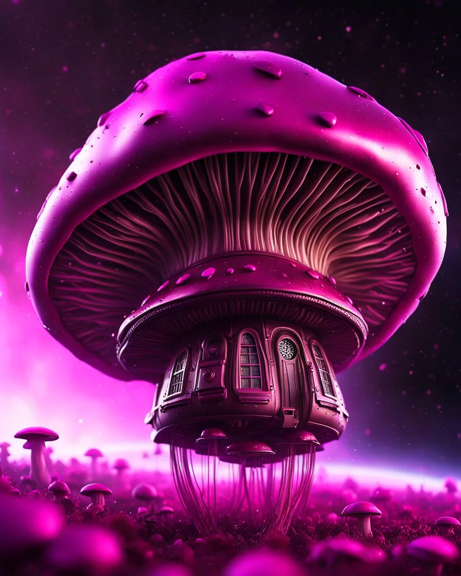 singular weird floating mushroom house in space. bronze, black, and fuchsia tones, intense cosmic space, intergalactic, interstellar. Detailed Matte Painting, deep color, fantastical, intricate detail, splash screen, hyperdetailed, insane depth, concept art, 8k resolution, trending on Artstation, Unreal Engine 5, color depth, backlit, splash art, dramatic, High Quality Whimsical Fun Imaginative unusual, good composition