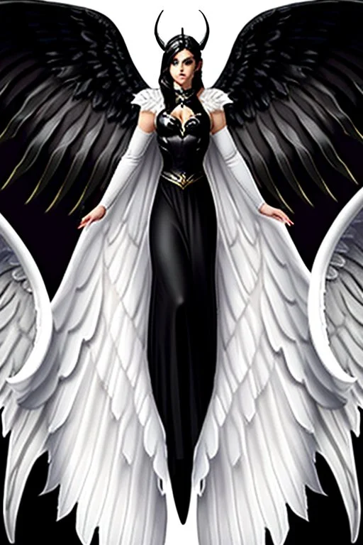 angel, demon, angel demon hybrid, half angel, half demon, black angel wings, white demon wings, black and white, balance, horns, armor, noble clothes, black and white armor, black and white clothes