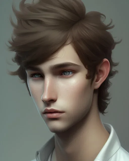  boy, cute, young, teen, brown hair, brown eyes, medium hair, bangs side part, head and shoulders portrait, head and shoulders portrait, 8k resolution concept art portrait by Greg Rutkowski,