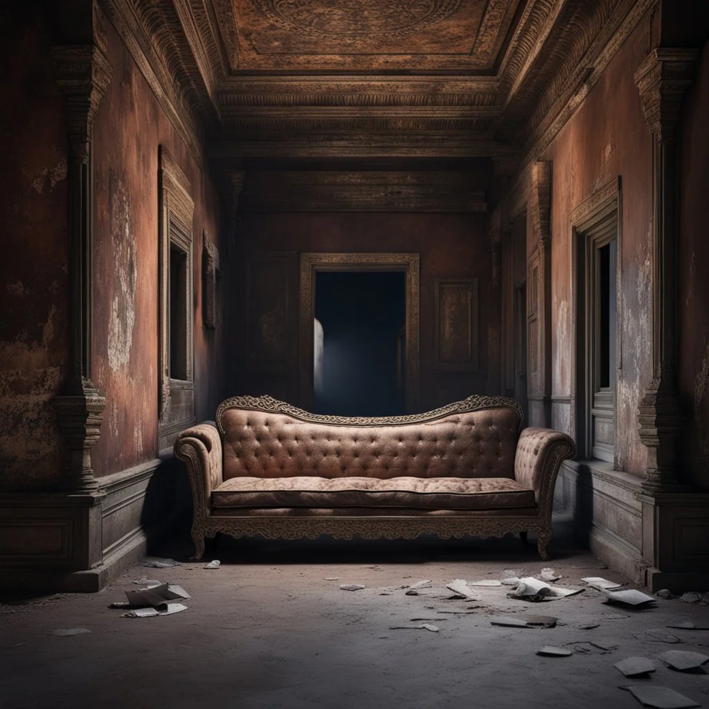 Hyper Realistic traditional ancient broken sofa between a huge dark hallway of a historical Indian palace with peeling wall paints at night