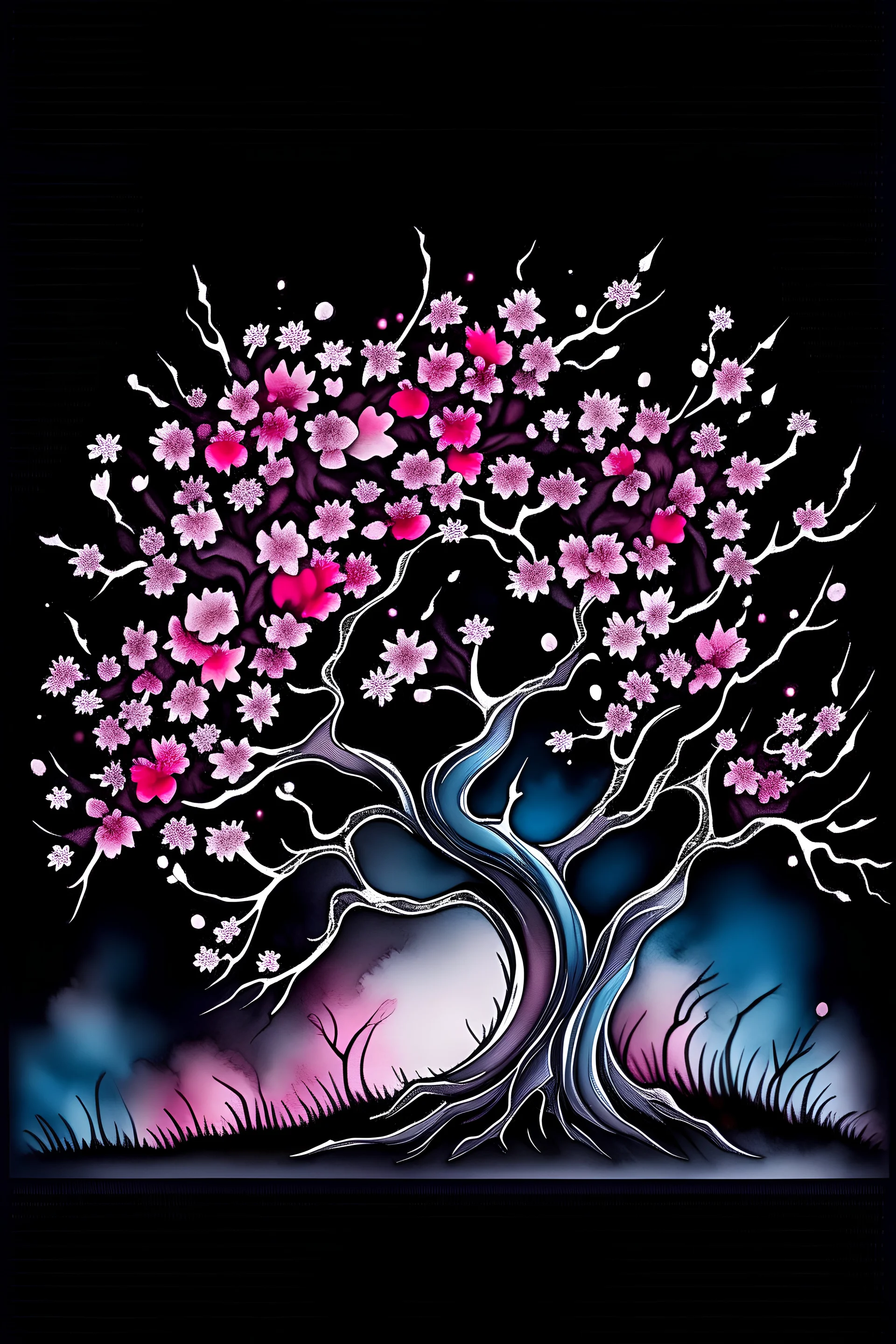 Watercolor of a Japanese cherry tree in bloom, isolated on a dark night background, branches bending low under the weight of flowers, highly detailed, fine details, petals flowing in the wind, moon light, dramatic atmosphere, dream like