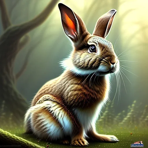 frank frazetta style, cute rabbit in the forest clearing