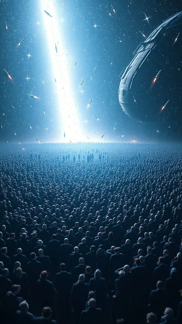 A field of random people in a bright lighting , at the end of the picture a huge complicated details texture of a dark blue spaceship , lot of rockets and falling stars filling the picture