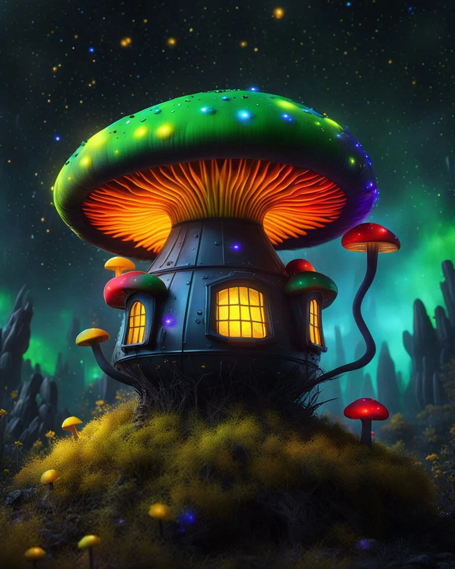 An illogical floating mushroom house on a clear moonless night. . Bright Bold Bright Colors, yellow green blue black, Starry Dark cosmic interstellar. Detailed Matte Painting, deep color, fantastical, intricate detail, splash screen, hyperdetailed, insane depth, concept art, 8k resolution, trending on Artstation, Unreal Engine 5, color depth, backlit, splash art, dramatic, High Quality Whimsical Fun Imaginative Bubbly, perfect composition