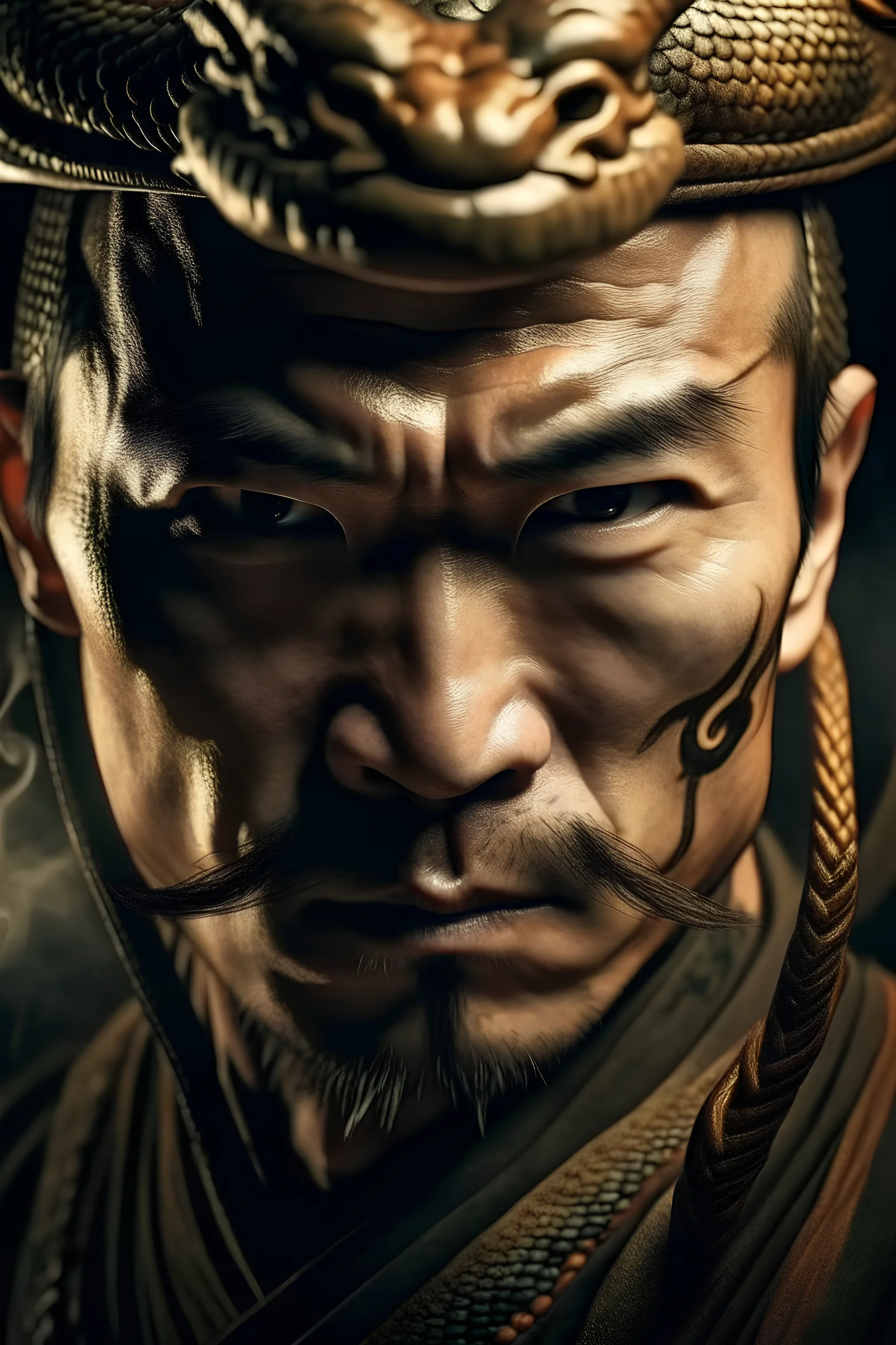 Primerísimo primer plano: La mirada de un guerrero chino con su espada hacía el frente y en el interior de sus ojos se ve reflejada la figura de un dragón furioso escupiendole fuego