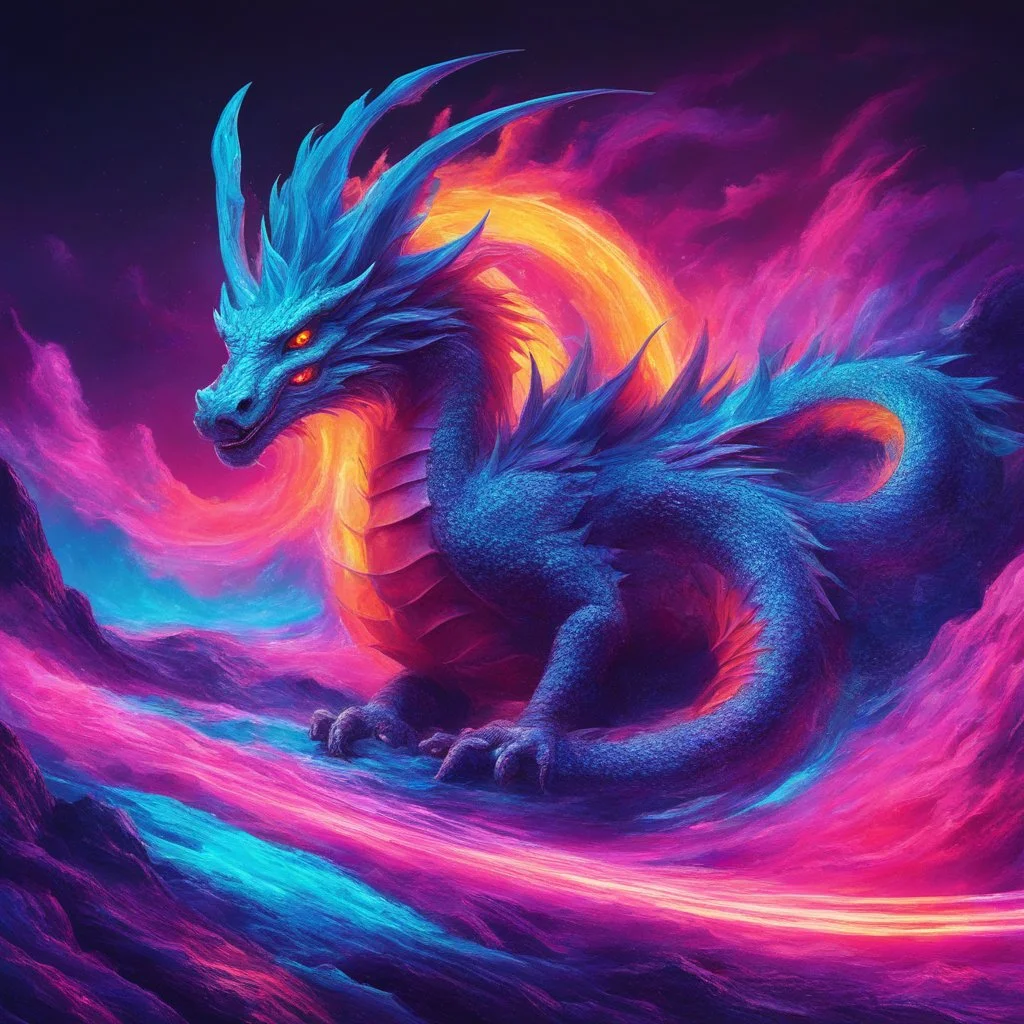 Dragon in a vibrant synthwave dreamscape, neon chaos swirling energetically around pixelated forms, a dynamic fusion of retro gaming nostalgia and futuristic abstraction