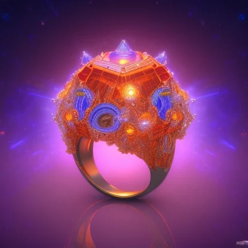 Ring made by diamonds shreds of glass, orange diamonds sparkles, red rubi fragments around, blue lights reflexes, complex structure, gold details, intricate ring shine,Unreal Engine 5, macro lens,sharp focus, photorealistic, hyper detailed, studio lighting, neon light ambient, cinematic lighting trending of by artstation