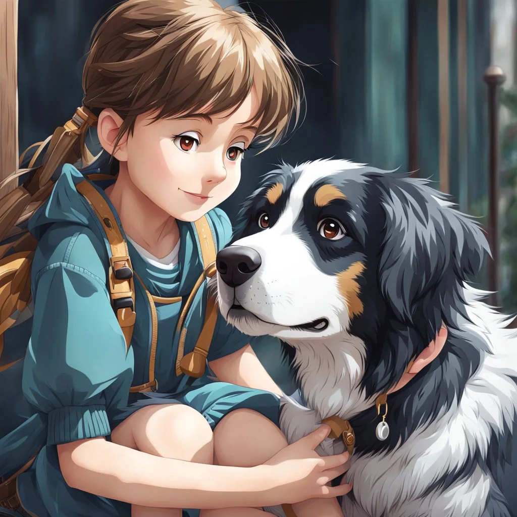 very beautiful realistic anime 10 years old girl playing with a furry Dog