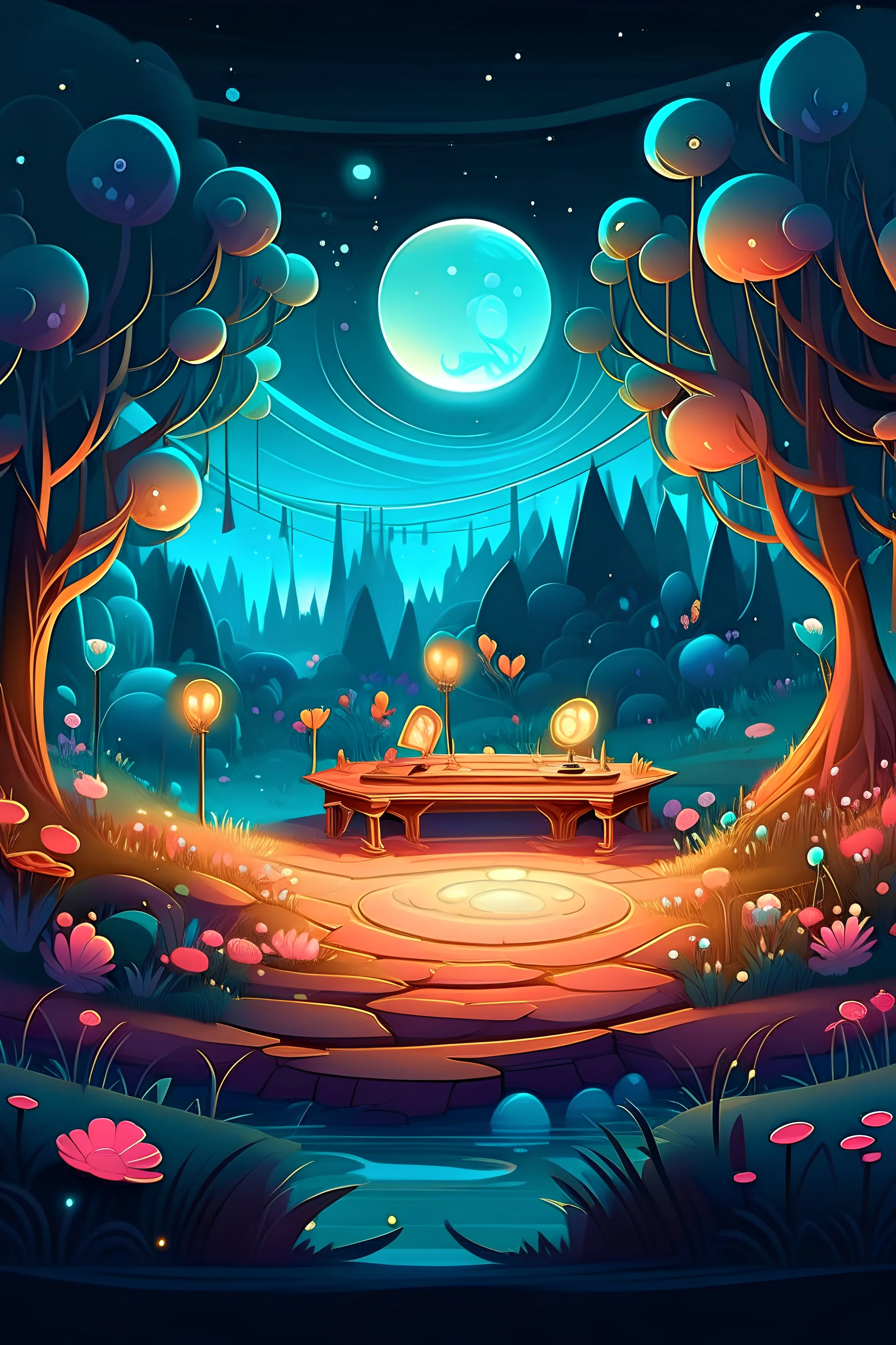 Create a mesmerizing 2D illustration of a music event illuminated under the enchanting evening of spring