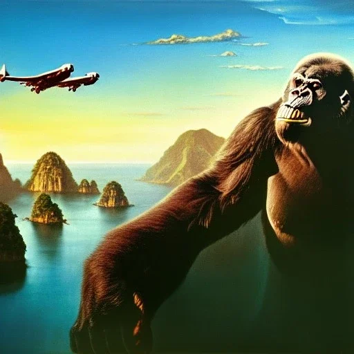 Drawing of 'King Kong on Skull island',aerial view, painting by Earl Norem, simon Bisley,frazetta,西嘛哒, evan lee, Vallejo,kelly oil on canvas, cinematic composition, extreme detail,fit full head inside picture,8k