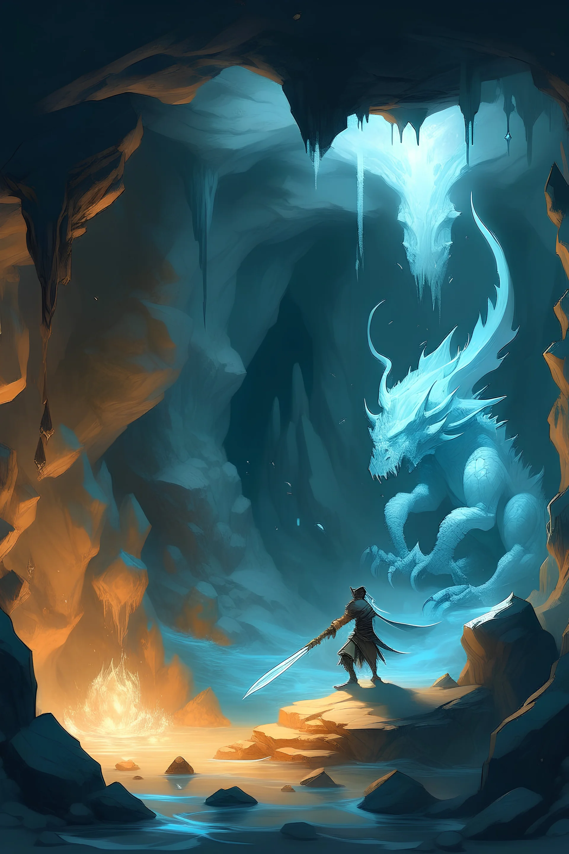 A hidden cave filled with glowing crystals and with a man who has sword and magic staff fight dragon