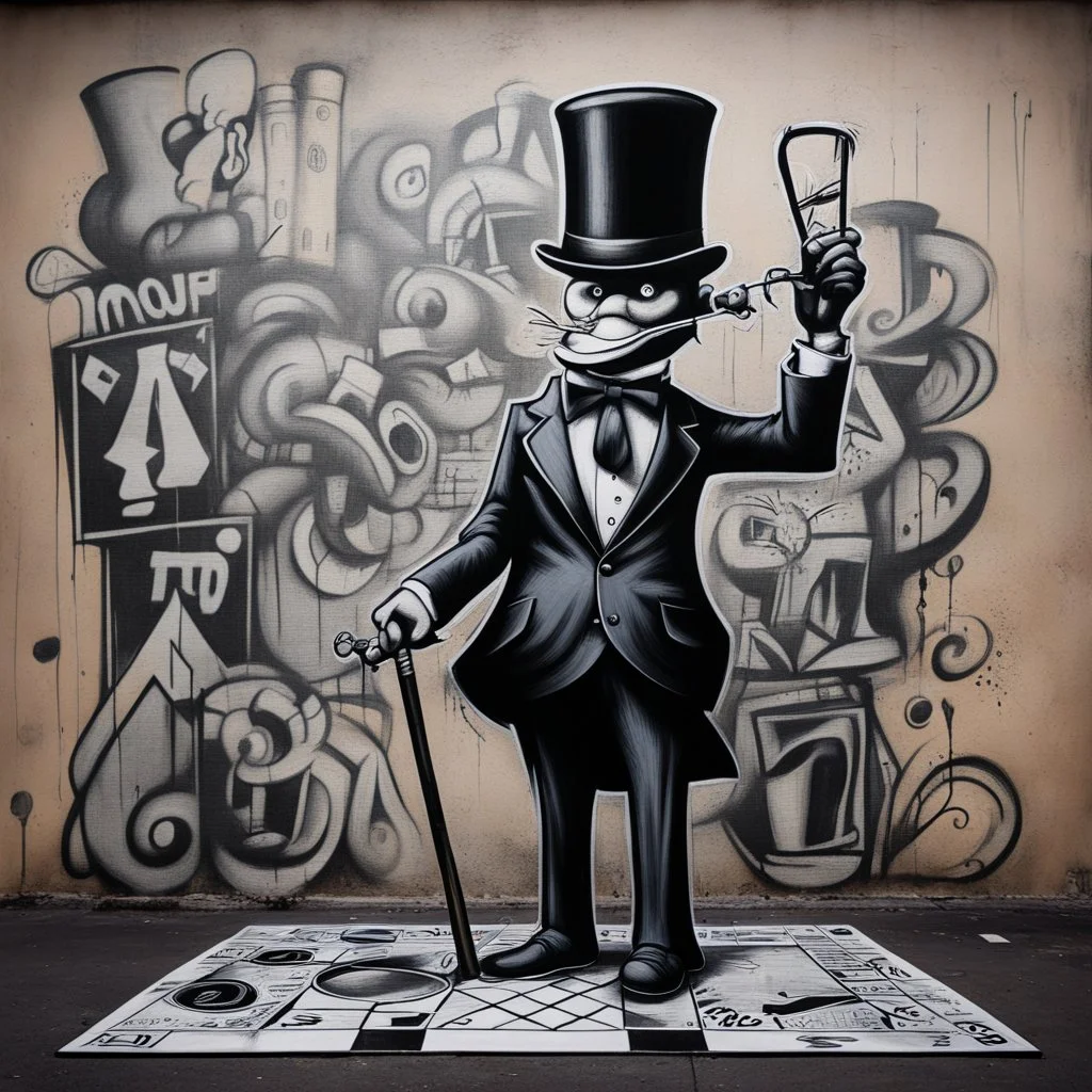 Graffiti Illustration of Monopoly Mayor man with black suit and black top hat and monocle and cane, Monopoly Board game concept art, profound, dramatic, acrylic spraypaint, by Phlegm and Banksy