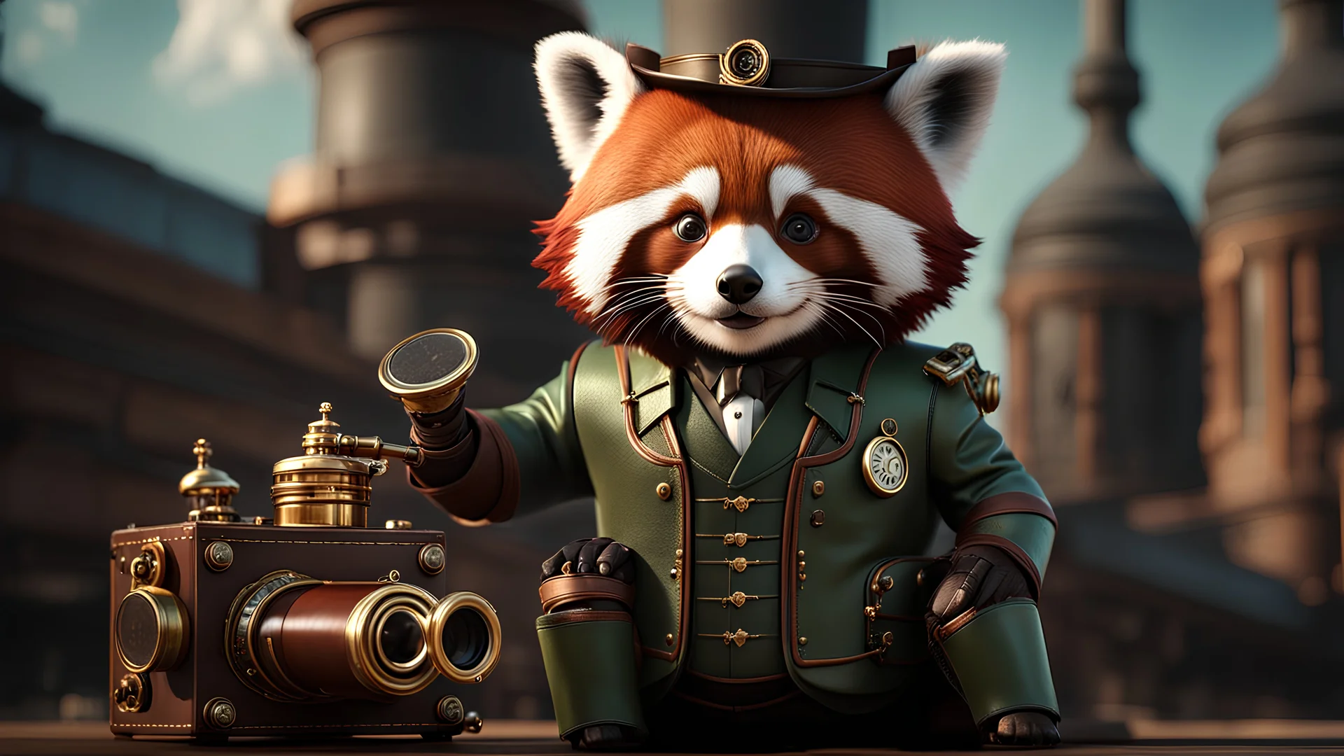 High-end state-of-the-art STEAMPUNK aesthetics flawless smiling cute professor red panda, supreme cinematic-quality photography, sage green and honey brown pure leather clothes, Art Nouveau-visuals,Vintage style with Octane Render 3D technology,hyperrealism photography, (UHD) with high-quality cinematic character render,Insanely detailed close-ups capturing beautiful complexity,Hyperdetailed,Intricate,8K,Hyperrealism craftwork