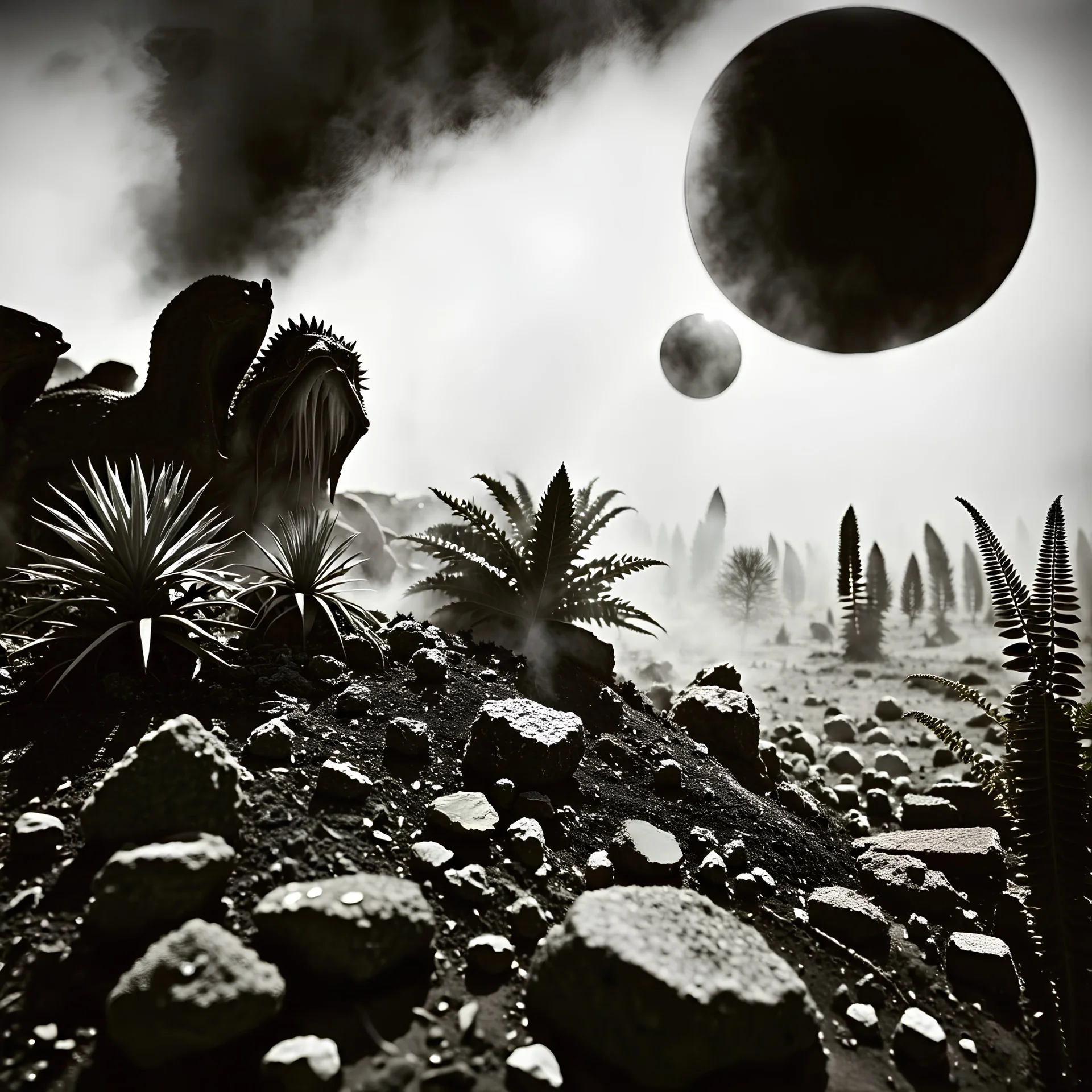 A striking quality Kodak photograph captures a wasteland with monsters and group of plants, creepy, details of the dust very accentuated, glossy organic mass, adorned with minerals and rocks. Bathed in intense light, eerie, Max Ernst style, black sun, fog