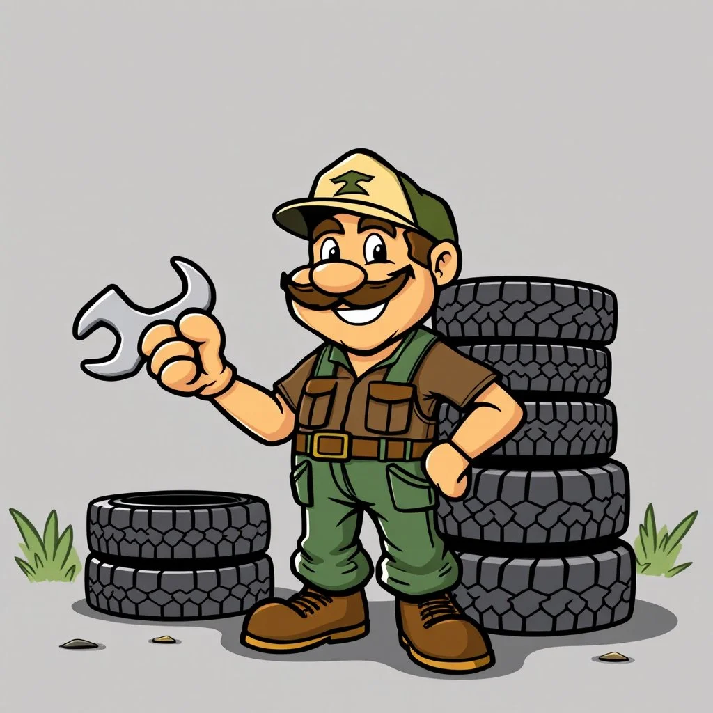 retro cartoon company mascot of a vehicle mechanic with a hint of forest ranger, holding a torque-wrench and next to a stack of tires, yogi's ranger smith