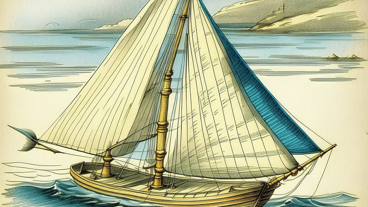 in the charming childish style of a 5 year old with scratchy penwork, a basic sloop, floating on water with the sail full of wind. Off to the side, the same boat mast is depicted, this time with the sail raised and tied up
