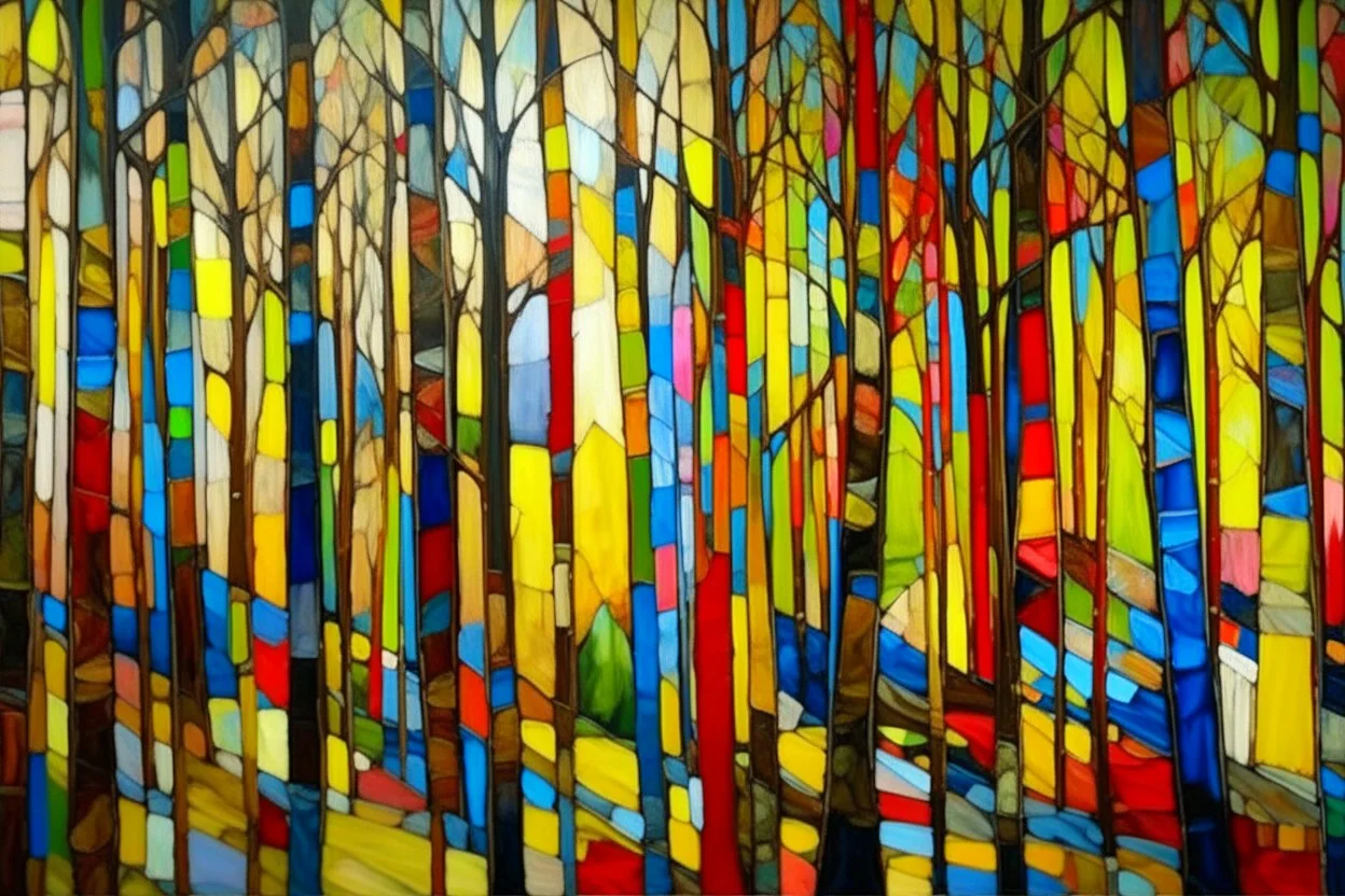 A multicolored woods with piercing eyed wolves painted by Piet Mondrian