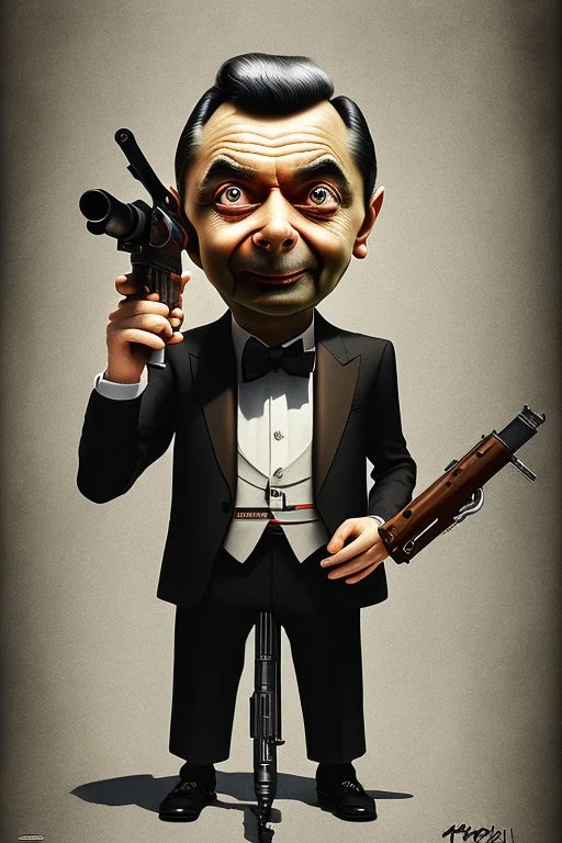 mr bean as the mafia godfather, holding tommygun, 4k, trending art, weird perspective, realism, spray paint, detailed