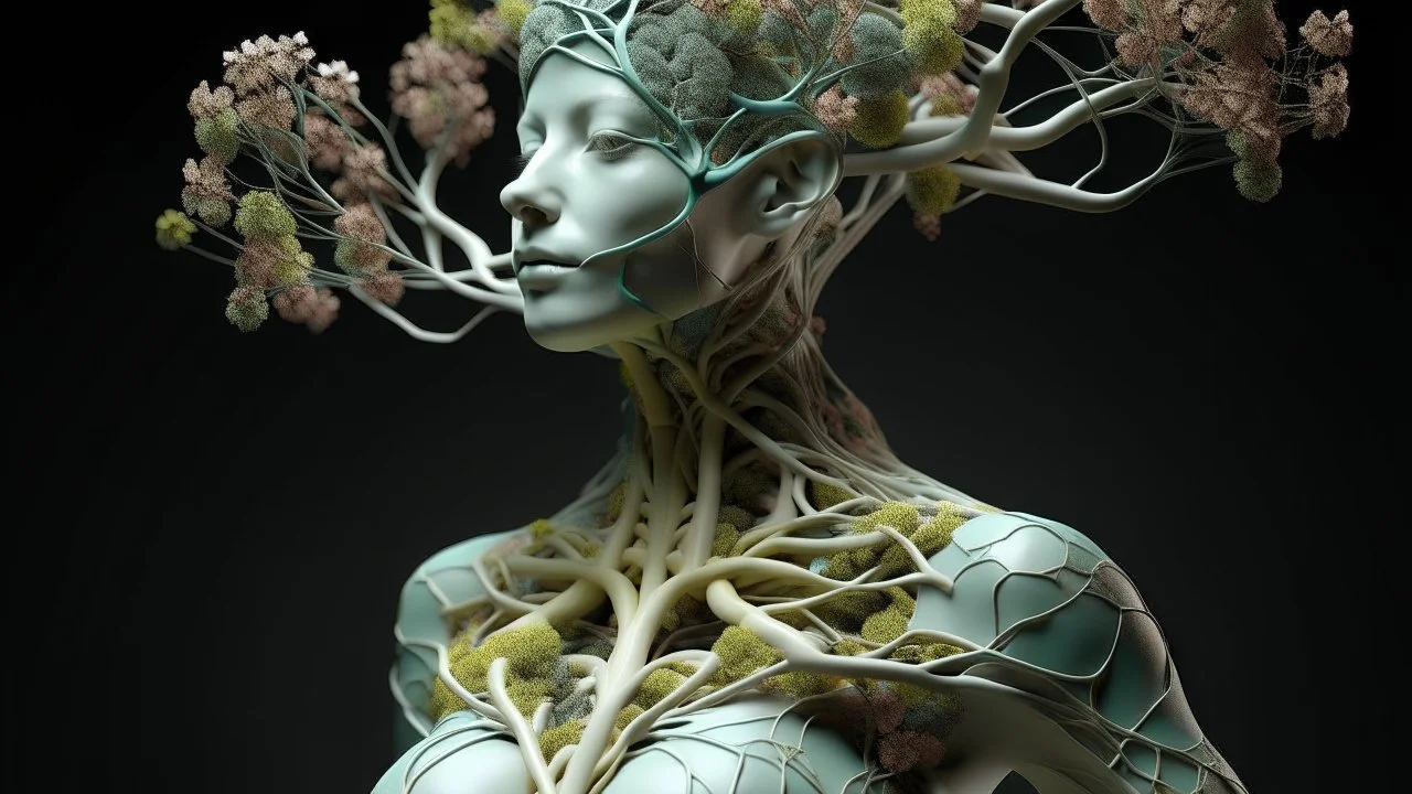 3d woman with elements of branches and flowers, in the style of a medical imaging film., detailed anatomy, michael eastman style