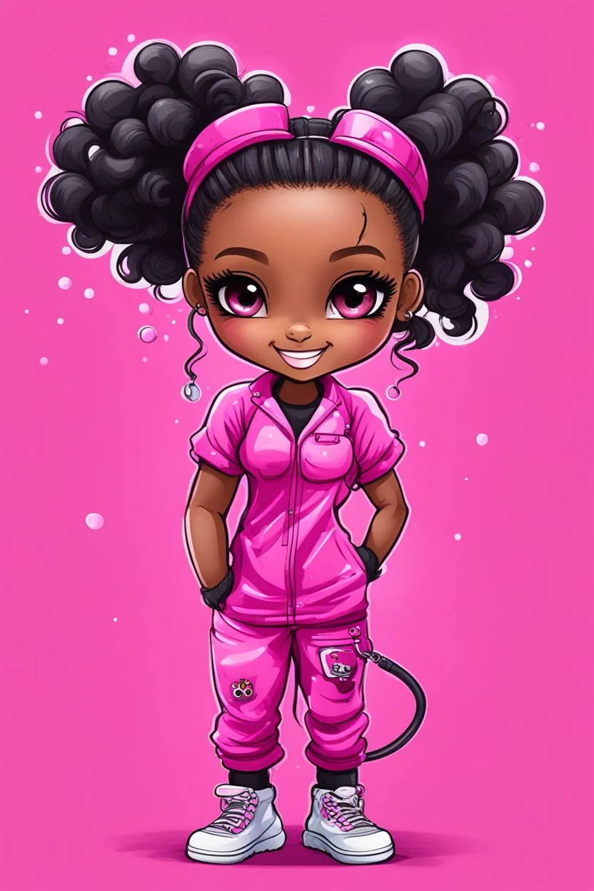 Create an abstract graffiti water color painting illustration of a chibi cartoon black female curvy smiling and hot pink scrub suit. Prominent make up with lush lashes and hazel eyes. Highly detailed slick ponytail thats wavy. background of the amour of stethoscopes