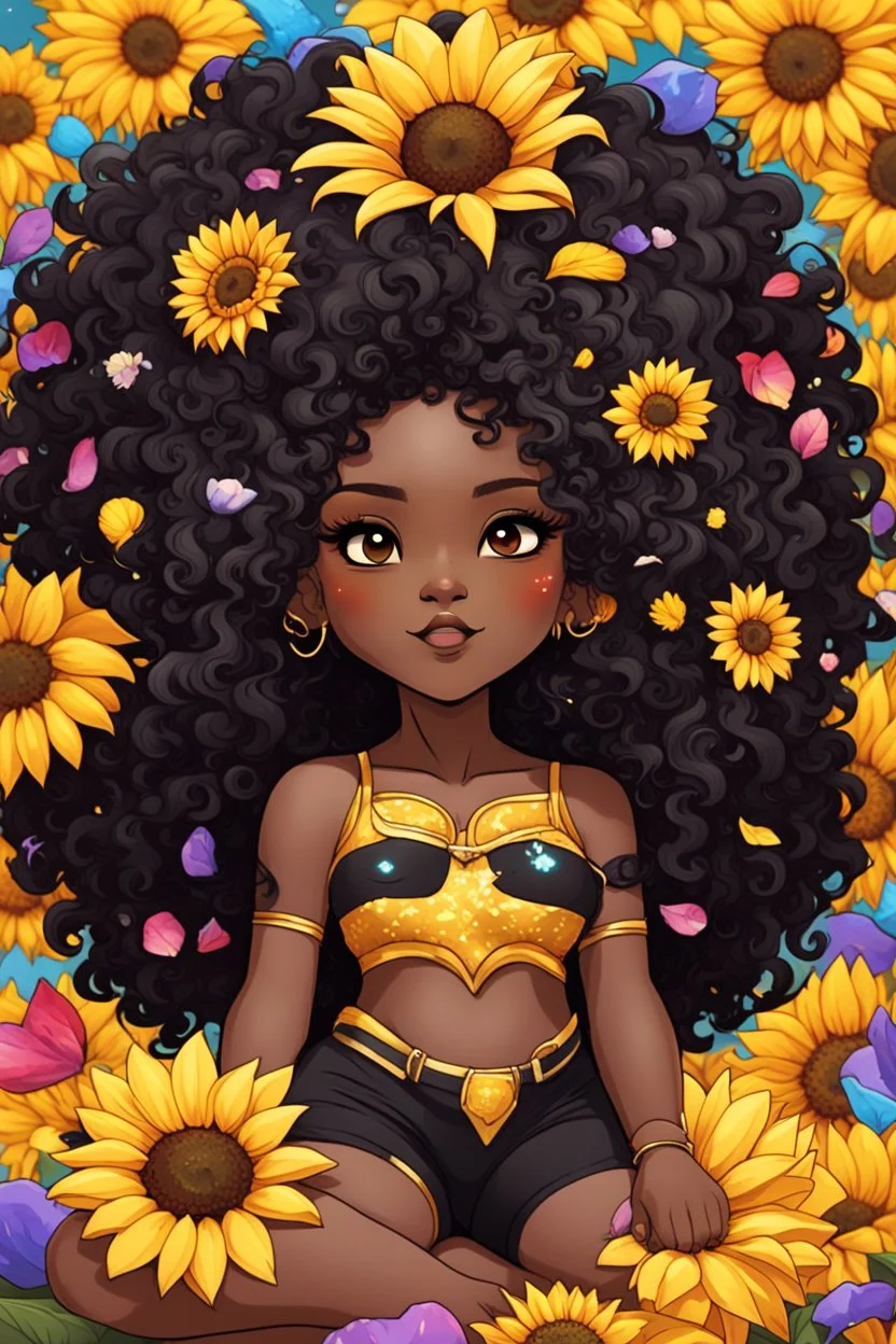 A sassy thick-lined comic book art cartoon black chibi girl lounging lazily on her side, surrounded by colorful flower petals. She is in the middle of the astrological Leo symbol with Prominent makeup. Highly detailed tightly curly black afro. Background of large yellow sunflowers surrounding her . Looking up coyly, she grins widely, showing sharp lion teeth. Her poofy hair forms a mane framing her confident, regal expression.