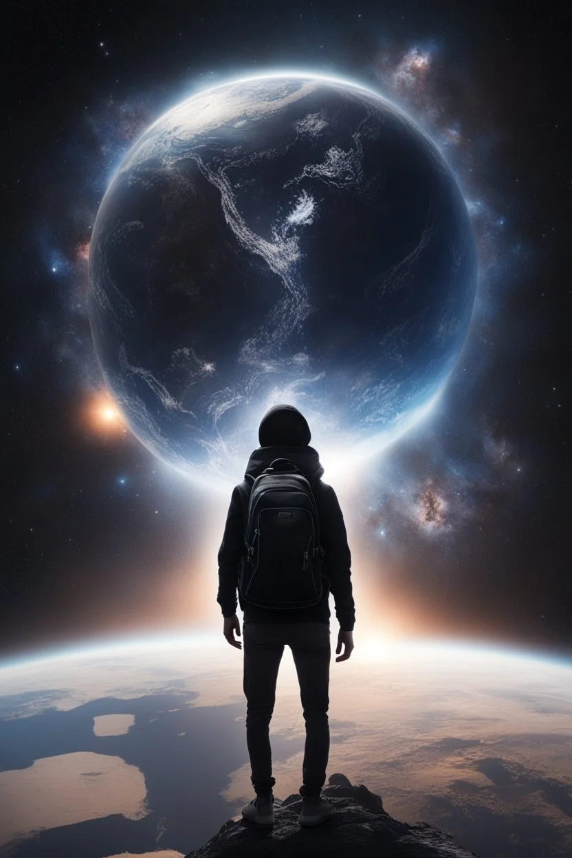 A figure wearing a black backpack deep in a supernova overlooking planet Earth