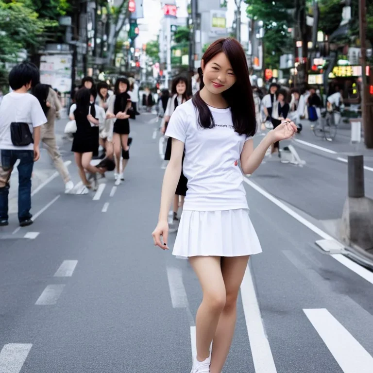 beautiful woman in Tokio street in short skirt and white t-shirt