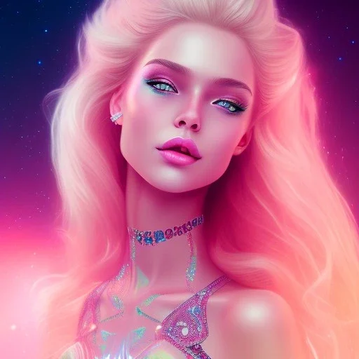 Smiling happy cosmic girl, jewels, realistic long blond hair, blue eyes, pink glossy lips, cinematic lights, HQ, 4k, high details