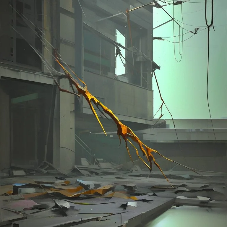 Minimal abstract oil painting of a falling person limbs sinew twisted . Amongst concrete fragments brutalist architecture and hanging wires illuminated at night. In the style of Justin Mortimer and Phil Hale and Ashley Wood