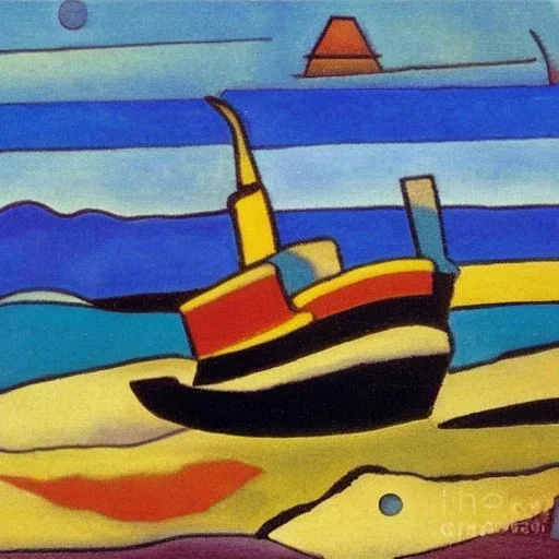 old tugboat on beach by kandinsky