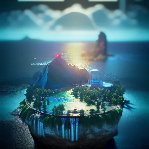 The Isometric Glass Tall Box Mini Model Little Real Island Mixed Water Fall rainbow Under Ocean Sunshine Summer Background Blue Sea, The Last Of Us / Avatar, Octane Render / ZBrush, Cinematic, IMAX Film, Nikon D750, 16K, Autostereoscopy, Anthropomorphic, Golden Ratio, Geometry, Symmetric, Depth Of Field, Highly Detailed, Ultra Realistic, Beautiful Lighting, Halfrear Lighting, Soft Light, Candoluminescence, Cast Shadow, Reflective, Glow, Translucent, Normal Map, Carbonated --testp