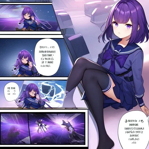 Clear focus,High resolution,High quality, A girl with long purple hair, Blue and purple eyes, wearing a sailor uniform, full body, Epic battle scene comic style