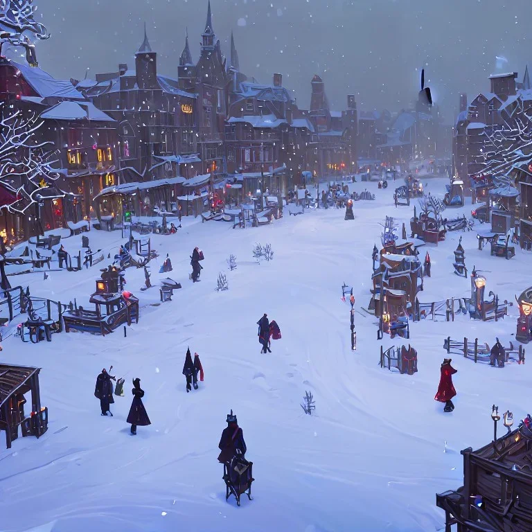 A snowy warlock Christmas festivities in town square with river canals