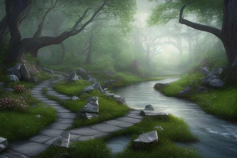  winding stone path lit river