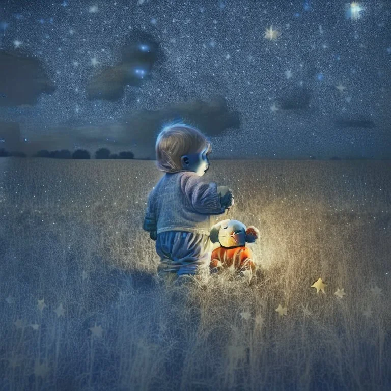 toddler in pyjamas with teddy bear in a field at night with lots of stars, looking at an apparition in the sky