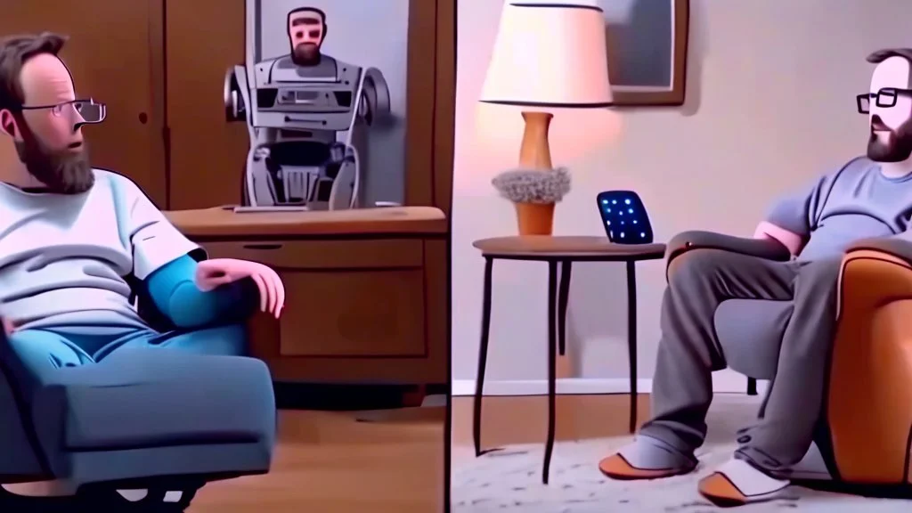 man sitting ALONE in his lazy boy chair at home argues with his AI clone on the phone