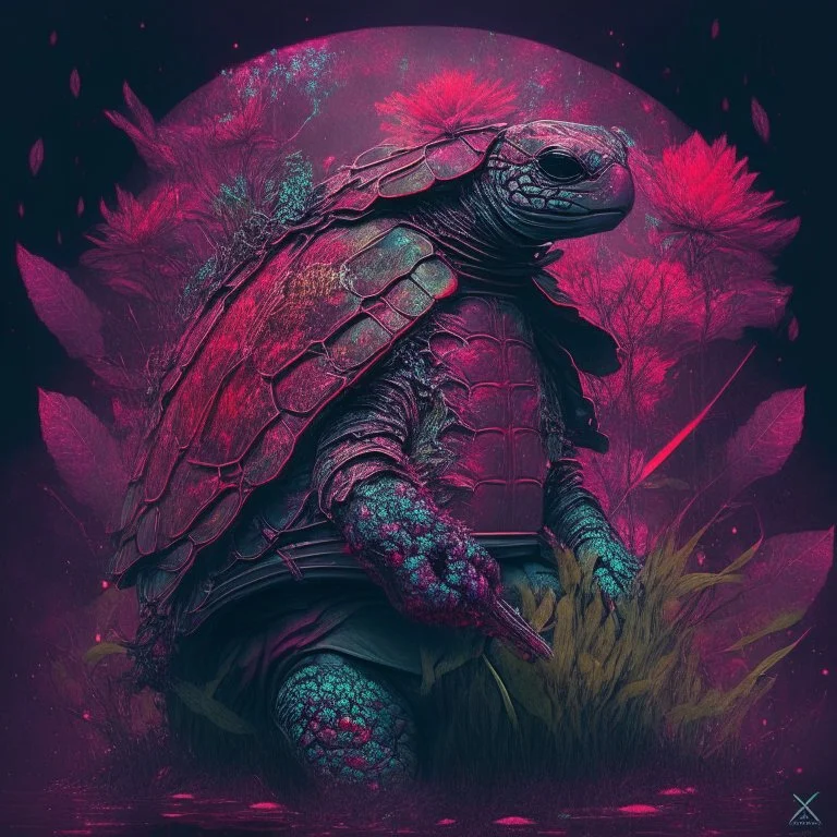 turtle samurai, iridescent, blood, futuristic, guts, wildflower, cosmic, intricate, darkred tones,sidhe, ominous, nature, plants, spce,