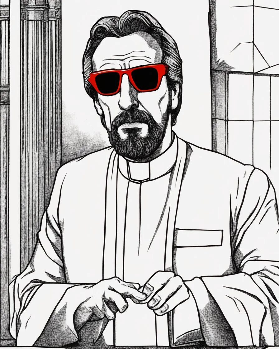 hans gruber as an irritated priest wearing red sunglasses