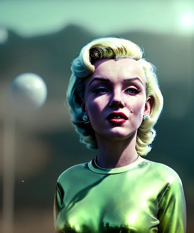 Ultra Realistic retro sci-fi 1960 scene, waist up view portrait, blonde woman, sweet young Marilyn Monroe face, perfect iris, tight latex coat, alien planet background, tight style, steel sphere dron levitating, fog, rain, soft color, highly detailed, unreal engine 5, ray tracing, RTX, lumen lighting, ultra detail, volumetric lighting, 3d, finely drawn, high definition, high resolution.