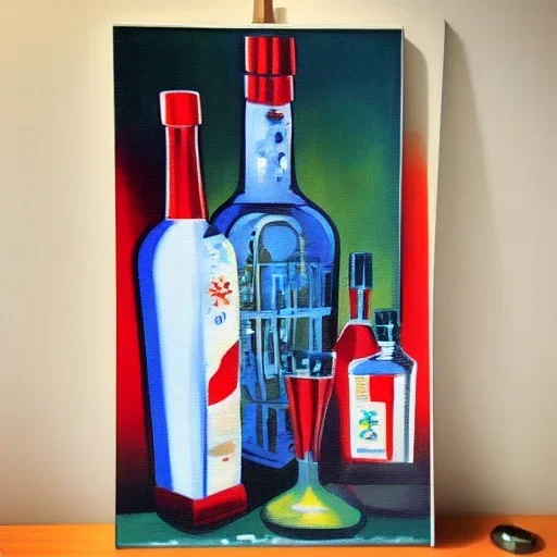 Putin with vodka bottle painting art deco